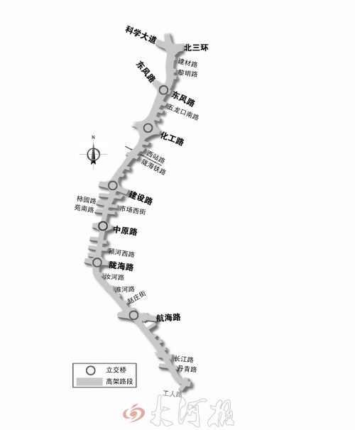 截至目前，僅剩西三環(huán)跨長(zhǎng)江路、丹青路高架橋金水河處一座箱梁尚未澆筑。
