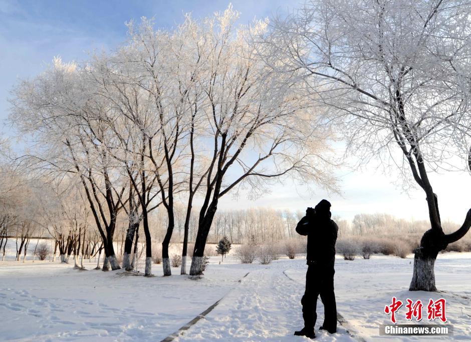 12月10日,受降溫天氣影響,黑河市黑龍江江畔出現(xiàn)綿延數(shù)公里的霧凇景觀。