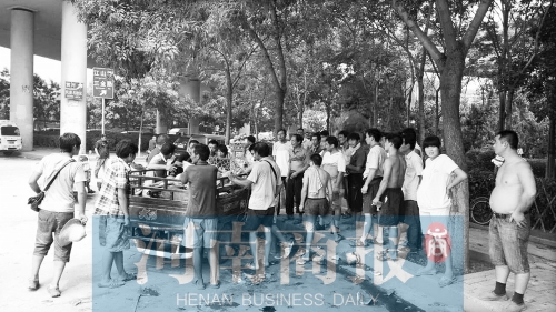 北環(huán)南陽路立交橋下，瓜農(nóng)小秦被打后，附近瓜農(nóng)紛紛圍了上來