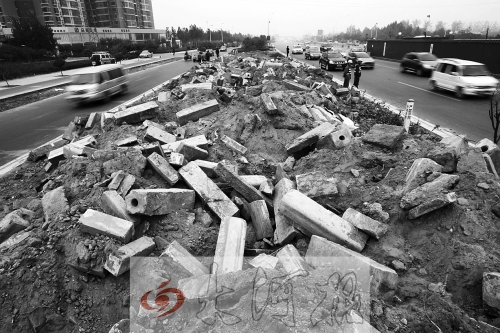 中州大道部分路段，綠化帶成了垃圾場。