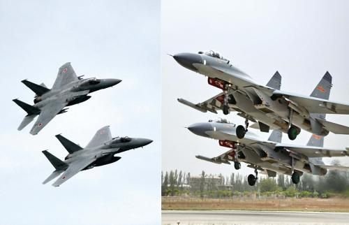 29日，中國空軍查證了進入東海防空識別區(qū)的美日軍機，左圖為進入防空識別區(qū)的日本F-15戰(zhàn)機(資料圖)，右圖為當天起飛的中國殲-11飛機(資料圖)。