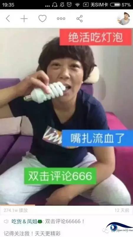 “吃貨鳳姐”直播吃燈泡。