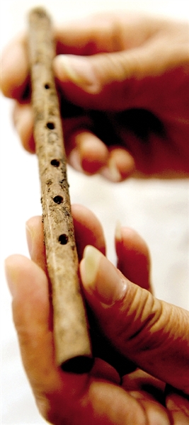 這是近日出土的用丹頂鶴尺骨制成的五孔骨笛。新華社發(fā)