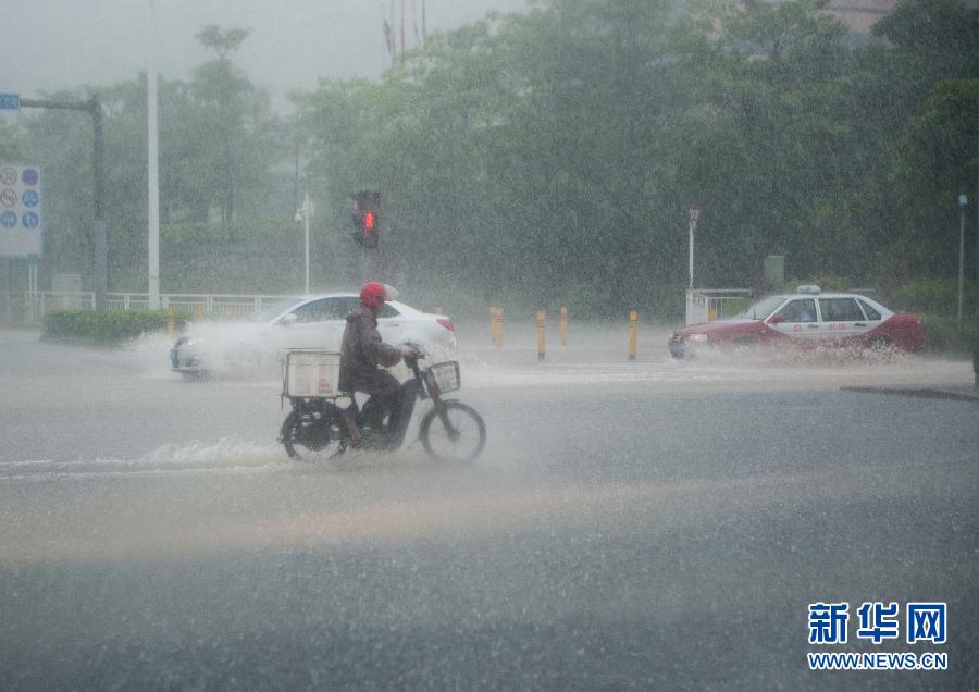 5月11日，車(chē)輛在深圳西麗留仙大道涉水前行。