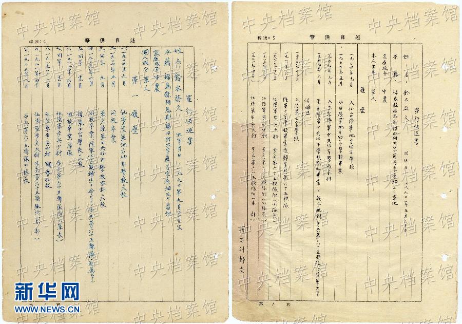 這是日本戰(zhàn)犯鈴木啟久的部分筆供原文（左圖）和鈴木啟久筆供的中文譯文（右圖）。
